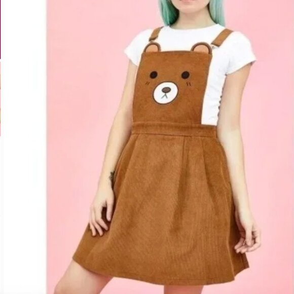 Dolls Kill Dresses & Skirts - Dolls Kill Sugar Thrillz Bear Pinafore Dress M Brown Corduroy Overalls Kawaii